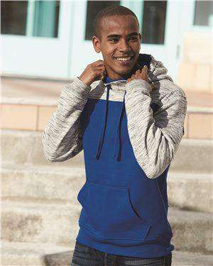 Brand: J. America | Style: 8676 | Product: Melange Fleece Colorblocked Hooded Pullover